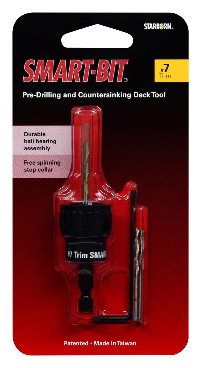 #7 Smart-Bit Pre-drilling and Countersinking Deck Tool; Smart-Bit out of package on deck with replacement bits
