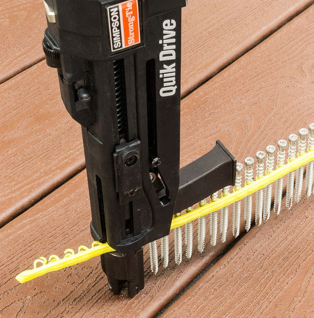 Deck-Drive DCU collated screws, stainless steel, being installed into a composite deck using the Quik Drive PRO300S tool; Stainless Steel DCU screw, for composite to wood applications.  Approved for use in Trex decking