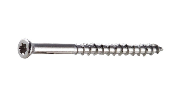 DWP Trim Screw, Stainless Steel, Star Drive, Box Threads; Deck-Drive DWP Screw, 316 Stainless Steel being driven into a deck.  Poolside decks should use these marine grade stainless steel screws for ultimate corrosion resistance.  Also recommended for coastal decks and docks.