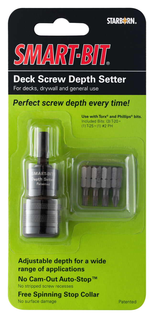 Smart-Bit Depth Setter, sets screws for decks, drywall and general use. Includes bit sizes T-20, T-25, #2 Phillips