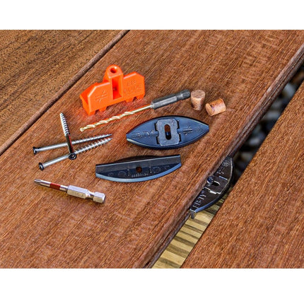EB-TY Hidden Fasteners, 3/16" spacing; EB-TY Kits include clips, stainless steel screws, EB Guide, Driver bit, drill bit, and starter Ipe plugs