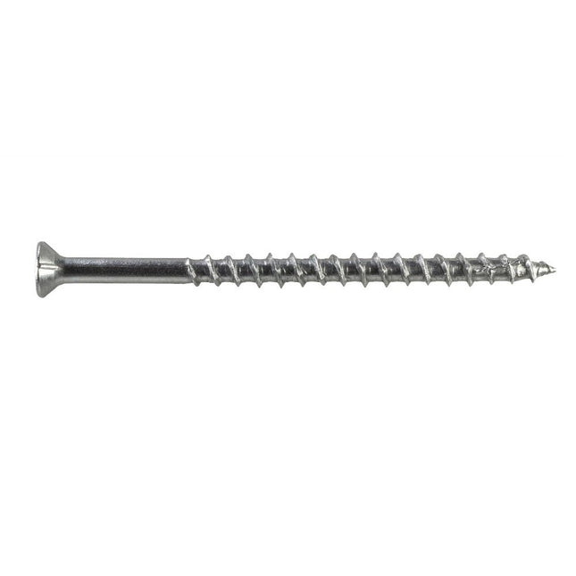 Stainless Steel, Flat Head, DWP Screw by Simpson Strong-Tie; DWP Screw, shank close up to displaty the unique box threads and sharp point; Simpson DWP Screw, 316 Stainless Steel installation into a poolside deck.  Always use type 316 Stainless Steel in corrosive environments.  Stainless screws are appropriate for coastal areas and around pools and spas.