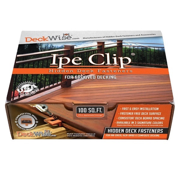 Ipe Clip Extreme S Hidden Deck Fasteners; 175 pc Ipe Clip Box includes clips, stainless steel screws, spacers, driver bit, drill bit, and ipe plugs; Ipe Clip, Extreme S Brown, Front view of clip; Ipe Clip, Extreme S, back view of clip