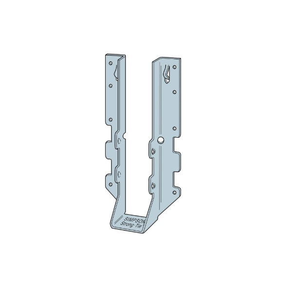 LUS210 Single 2 x 10 Face Mount Joist Hanger, Stainless Steel; LUS210 Installed with nails, installation illustration; Double Shear Nailing, top view. The nail is installed into the joist and header, distributing the load through two points on each joist nail for greater strength