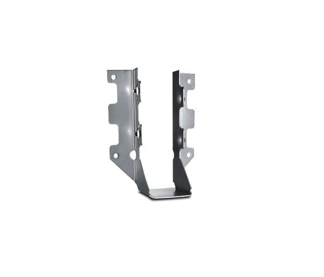 LUS26SS Single 2 x 6 Face Mount Joist Hanger, Stainless Steel; LUS26SS Installed with Strong Drive SD Connector Screw; Double Shear Nailing, top view. The nail is installed into the joist and header, distributing the load through two points on each joist nail for greater strength