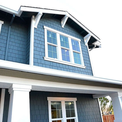 Shake and Shingle Nail, Stainless Steel, Ring Shank; Shake and Shingle Nail, line art, diamond patterned head, ring shank, stainless steel; Project photo,  the front of a home with siding installed with shake and shingle nails