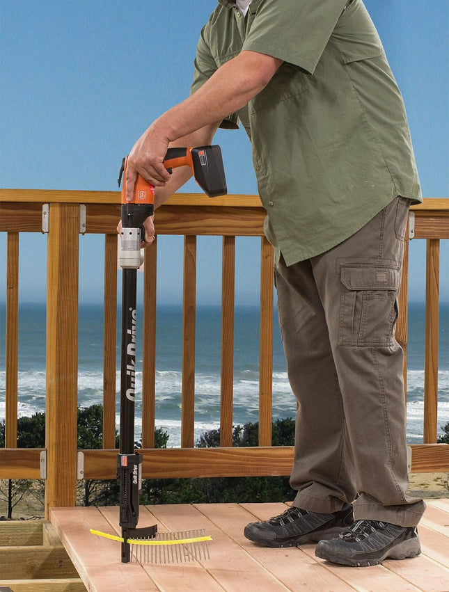 Quik Drive Collated Bugle Head Deck Screws being installed on a seaside deck; Quik Drive, Bugle Head Collated Screws, Square Drive, 316 Stainless Steel