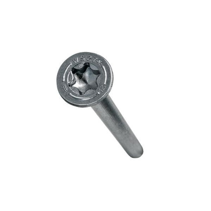 12" SDWS Timber Screw, Stainless Steel, side view; SDWS Screw, Star Drive, View of head with stamp; 12" SDWS Timber Screw, Digital rendering showing the thread pattern