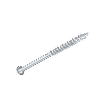 6" SDWS Timber Screw, Stainless Steel, side view; SDWS Screw, Star Drive, View of head with stamp; 6" SDWS Timber Screw, Digital rendering showing the thread pattern