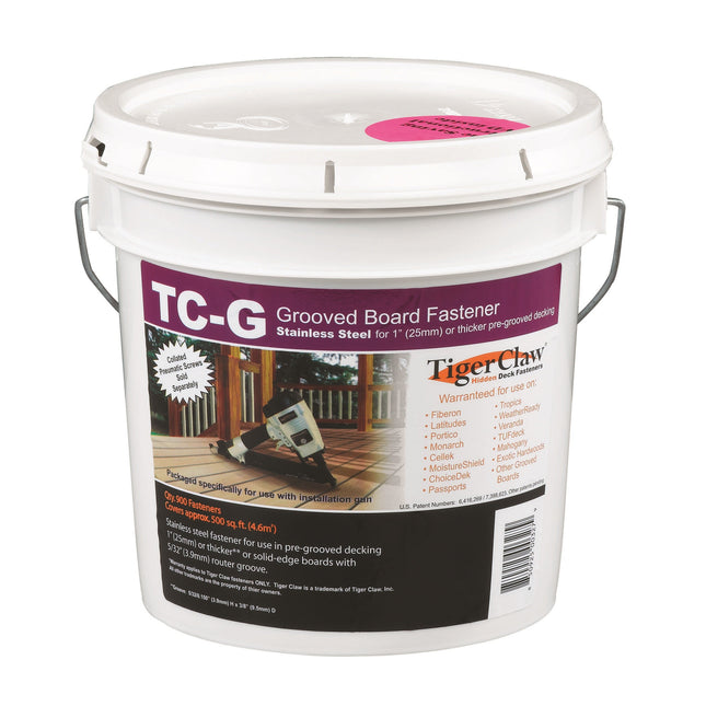 TC-G Grooved Board Fastener, 900pc pail for 500 sq ft; TC-G Hidden Fastener, clip for 3/16" gap spacing