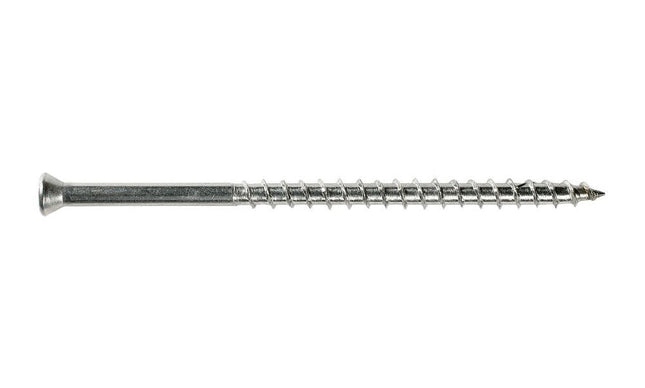 Stainless Steel Trim Screw, 2/3" threaded, type 17 point; Stainless steel trim screws installed into a poolside deck.  Use 316 Stainless Steel in corrosive environments that are exposed to chemicals or salt water.