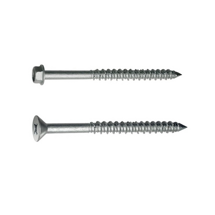 Simpson Titen Stainless-Steel Concrete and Masonry Screws.  Top Screw with hex head, bottom screw flat head with phillips drive