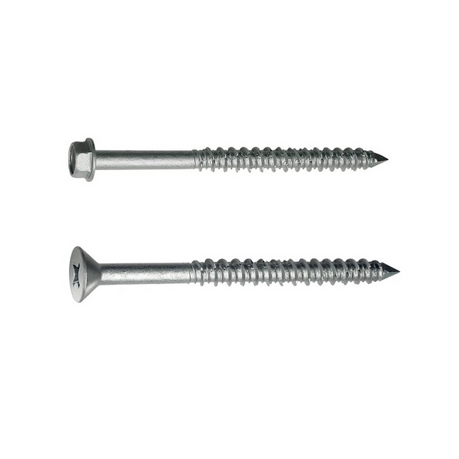 Simpson Titen Stainless-Steel Concrete and Masonry Screws.  Top Screw with hex head, bottom screw flat head with phillips drive