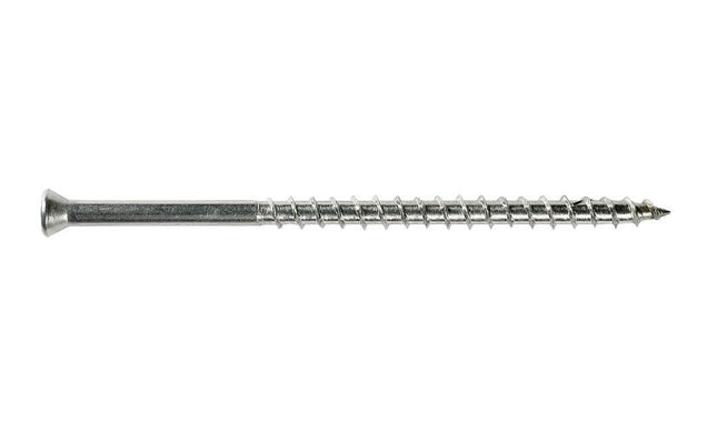Stainless Steel Trim Screw with Sq Drive.  Fine line art view.; Poolside Deck install with stainless steel trim screws with square drive.  Use type 316 Stainless Steel in corrosive environments where chemicals or salt water are present.; Stainless Steel trim screws.  Square drive visible.  Shank threaded 2/3" of the way up the shank.