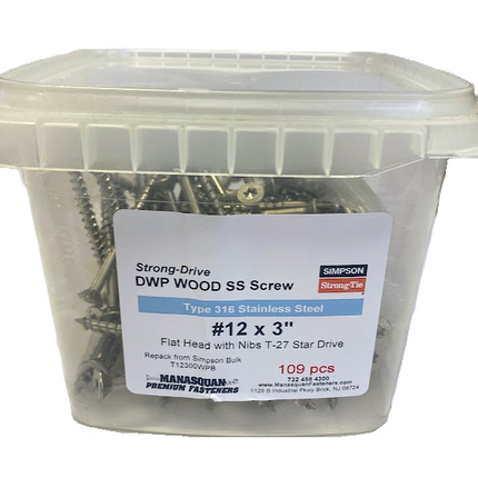 #12 x 3" Flat Head Strong-Drive DWP Screw, 316SS, 109pc box