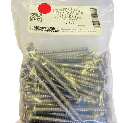 #14 x 3-1/2" Pan Head Sheet Metal Screw, Tap Point, Sq Dr, 18-8SS