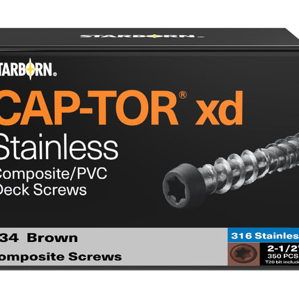 Cap-Tor xd Composite Deck Screws, 10 x 2-1/2" 350pcs, 316SS, #34 Brown