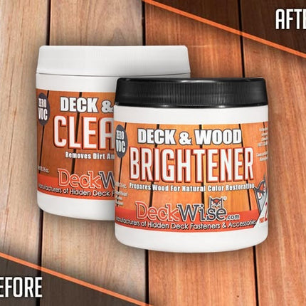 Deckwise Cleaner and brightener before and after photo.  Shows the difference in wood color before and after application.