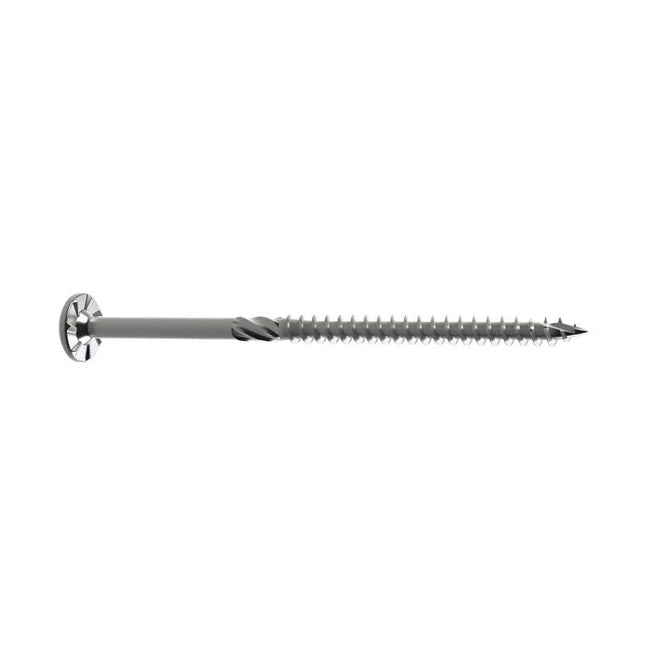 U2 Stainless Steel Construction Screw with Dome Head, talon grip nibs to dig into material when countersunk, tapper point for easy start and piercing substrate material.; U2 Fasteners Construction Screw, line art.  See deep recess star drive that allows bit to fit tightly and lets the user install this screw one handed.  Tapper Point which consists of the Cork Screw Start and Blade Cutting Thread for easy piercing and alleviating strain on the material. 