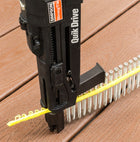 Deck-Drive DCU collated screws, stainless steel, being installed into a composite deck using the Quik Drive PRO300S tool; Stainless Steel DCU screw, for composite to wood applications.  Approved for use in Trex decking