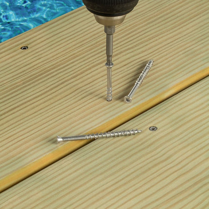 DWP Trim Screw, Stainless Steel, Star Drive, Box Threads; Deck-Drive DWP Screw, 316 Stainless Steel being driven into a deck.  Poolside decks should use these marine grade stainless steel screws for ultimate corrosion resistance.  Also recommended for coastal decks and docks.