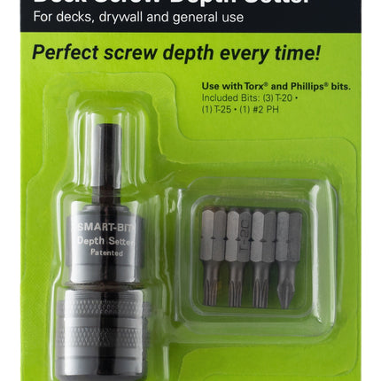 Smart-Bit Depth Setter, sets screws for decks, drywall and general use. Includes bit sizes T-20, T-25, #2 Phillips