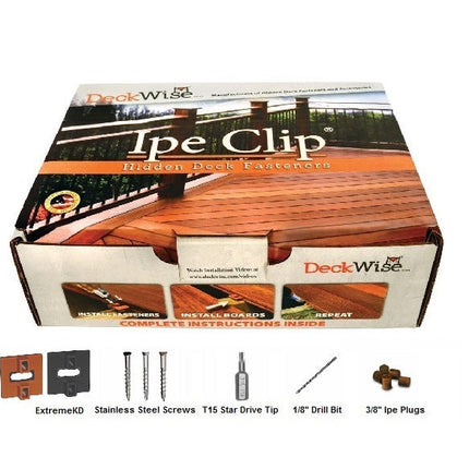 Ipe Clip Extreme KD 175pcs for 100 sq ft; Ipe Clip Extreme KD, 175pc, includes clips, stainless steel screws, driver bit, drill bit and ipe plugs