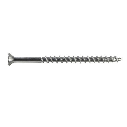 Stainless Steel, Flat Head, DWP Screw by Simpson Strong-Tie; DWP Screw, shank close up to displaty the unique box threads and sharp point; Simpson Stainless Steel DWP screws with box threads being installed into  an outdoor deck.