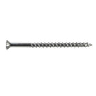 Stainless Steel, Flat Head, DWP Screw by Simpson Strong-Tie; DWP Screw, shank close up to displaty the unique box threads and sharp point; Simpson Stainless Steel DWP screws with box threads being installed into  an outdoor deck.