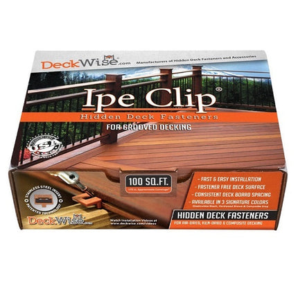 Ipe Clip Extreme S Hidden Deck Fasteners; 175 pc Ipe Clip Box includes clips, stainless steel screws, spacers, driver bit, drill bit, and ipe plugs; Ipe Clip, Extreme S Brown, Front view of clip; Ipe Clip, Extreme S, back view of clip
