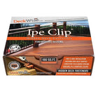 Ipe Clip Extreme S Hidden Deck Fasteners; 175 pc Ipe Clip Box includes clips, stainless steel screws, spacers, driver bit, drill bit, and ipe plugs; Ipe Clip, Extreme S Brown, Front view of clip; Ipe Clip, Extreme S, back view of clip