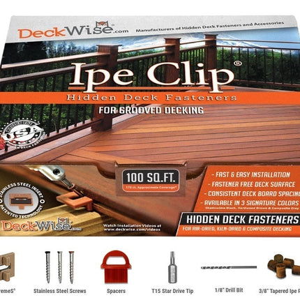 Ipe Clip Extreme S Hidden Deck Fasteners; 175 pc Ipe Clip Box includes clips, stainless steel screws, spacers, driver bit, drill bit, and ipe plugs; Ipe Clip, Extreme S Brown, Front view of clip; Ipe Clip, Extreme S, back view of clip