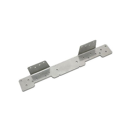 LSCSS Stair Stringer Connector, Adjustable, 18 Gauge, Stainless Steel; LSCSS Sizing Call Out Illustration.  Total Width 11-1/16" Height and Length are 1-1/2" respectively; LSC Adjustable Stair Stringer Connector Installed