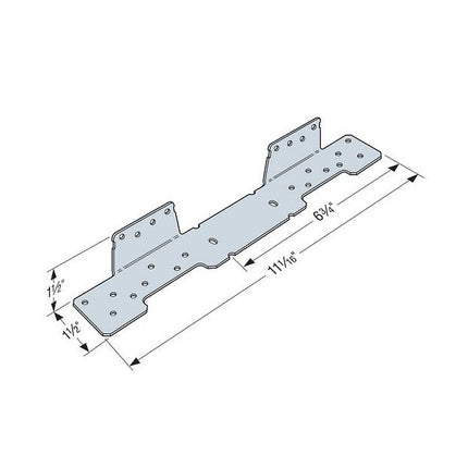 LSCSS Stair Stringer Connector, Adjustable, 18 Gauge, Stainless Steel; LSCSS Sizing Call Out Illustration.  Total Width 11-1/16" Height and Length are 1-1/2" respectively; LSC Adjustable Stair Stringer Connector Installed