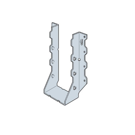 LUS210-2 Double 2 x 10 Face Mount Joist Hanger, Stainless Steel; LUS210-2 Installed with nails, installation drawing; Double Shear Nailing, top view. The nail is installed into the joist and header, distributing the load through two points on each joist nail for greater strength