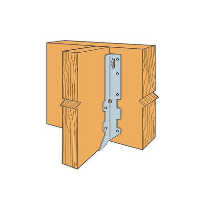 LUS210 Single 2 x 10 Face Mount Joist Hanger, Stainless Steel; LUS210 Installed with nails, installation illustration; Double Shear Nailing, top view. The nail is installed into the joist and header, distributing the load through two points on each joist nail for greater strength