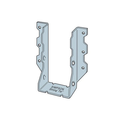 LUS28-2 Double 2 x 8 Face Mount Joist Hanger, Stainless Steel; LUS28-2 installed with nails; Double Shear Nailing, top view. The nail is installed into the joist and header, distributing the load through two points on each joist nail for greater strength