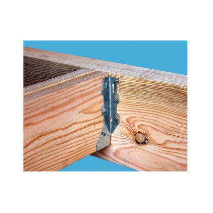 LUS28-2 Double 2 x 8 Face Mount Joist Hanger, Stainless Steel; LUS28-2 installed with nails; Double Shear Nailing, top view. The nail is installed into the joist and header, distributing the load through two points on each joist nail for greater strength