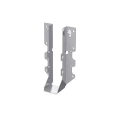 LUS28SS Single 2 x 8 Face Mount Joist Hanger, Stainless Steel; LUS28 Installed with nails.  Use 0.148 x 3" (10d common) or 0.148 x 3 1⁄4" (16d sinker) nail; Double Shear Nailing, top view. The nail is installed into the joist and header, distributing the load through two points on each joist nail for greater strength
