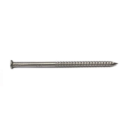 Wood Siding Nail, Stainless Steel, Ring Shank; Wood Siding Nail, line art, checkered head, diamond point; Wood Siding nail being installed 