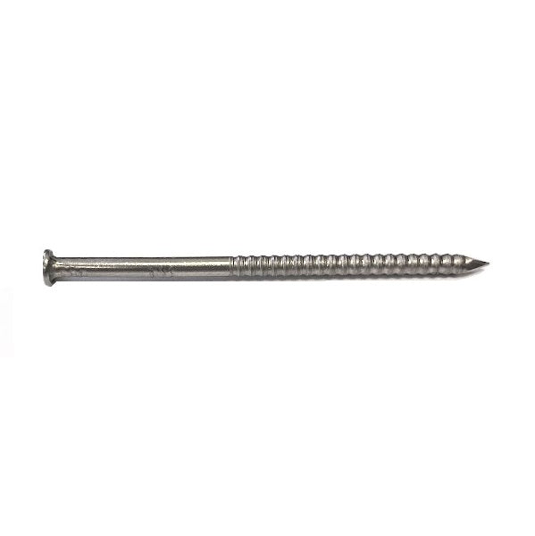 Wood Siding Nail, Stainless Steel, Ring Shank; Wood Siding Nail, line art, checkered head, diamond point; Wood Siding nail being installed 