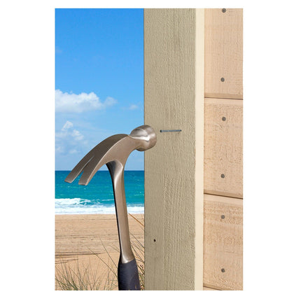Finishing Nail, line art, smooth shank, stainless steel; Stainless steel finishing nail being installed on an ocean front property