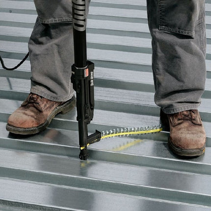 PC Standing-Seam-Roofing Panel Clip Screw, collated, stainless steel, square drive, pancake head; PC Series Collated Stainless Screw being installed into a metal screw using a Quik Drive Tool