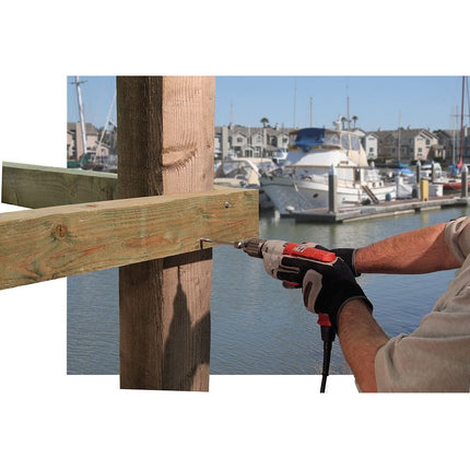 SDWH Timber Hex Screw, 5", 316SS; SDWH Timber Hex Screw being installed in a dock at a marina; https://cdn.shopify.com/s/files/1/0683/9441/8316/files/SDWH_Timber_Hex_Screw_installed_in_a_ledger_board.jpg?v=1741799621