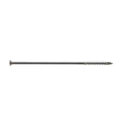 12" SDWS Timber Screw, Stainless Steel, side view; SDWS Screw, Star Drive, View of head with stamp; 12" SDWS Timber Screw, Digital rendering showing the thread pattern 