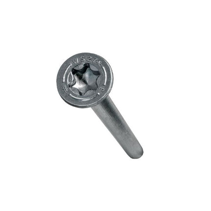 SDWS Timber Screw, 3", side view; SDWS Screw, Star Drive, View of head with stamp; 3" SDWS Timber Screw, Digital rendering showing the thread pattern