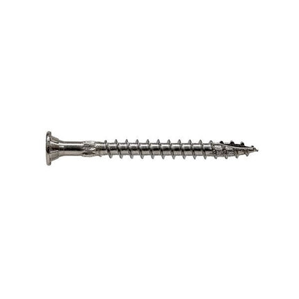 4" SDWS Timber Screw, Stainless Steel, side view; SDWS Screw, Star Drive, View of head with stamp; 4" SDWS Timber Screw, Digital rendering showing the thread pattern 