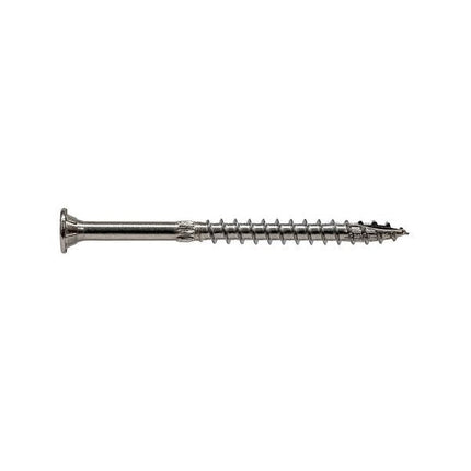 5" SDWS Timber Screw, Stainless Steel, side view; SDWS Screw, Star Drive, View of head with stamp; 5" SDWS Timber Screw, Digital rendering showing the thread pattern 