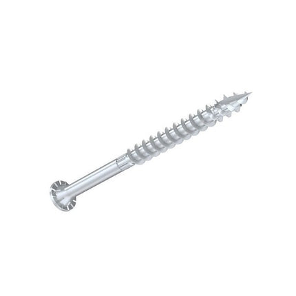 5" SDWS Timber Screw, Stainless Steel, side view; SDWS Screw, Star Drive, View of head with stamp; 5" SDWS Timber Screw, Digital rendering showing the thread pattern 