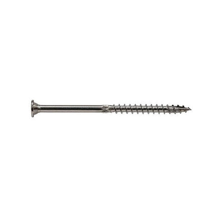 6" SDWS Timber Screw, Stainless Steel, side view; SDWS Screw, Star Drive, View of head with stamp; 6" SDWS Timber Screw, Digital rendering showing the thread pattern